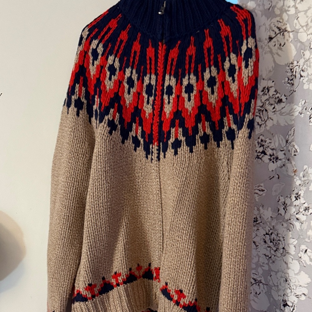Brooks Brothers Beige and Navy Zip Up Sweater